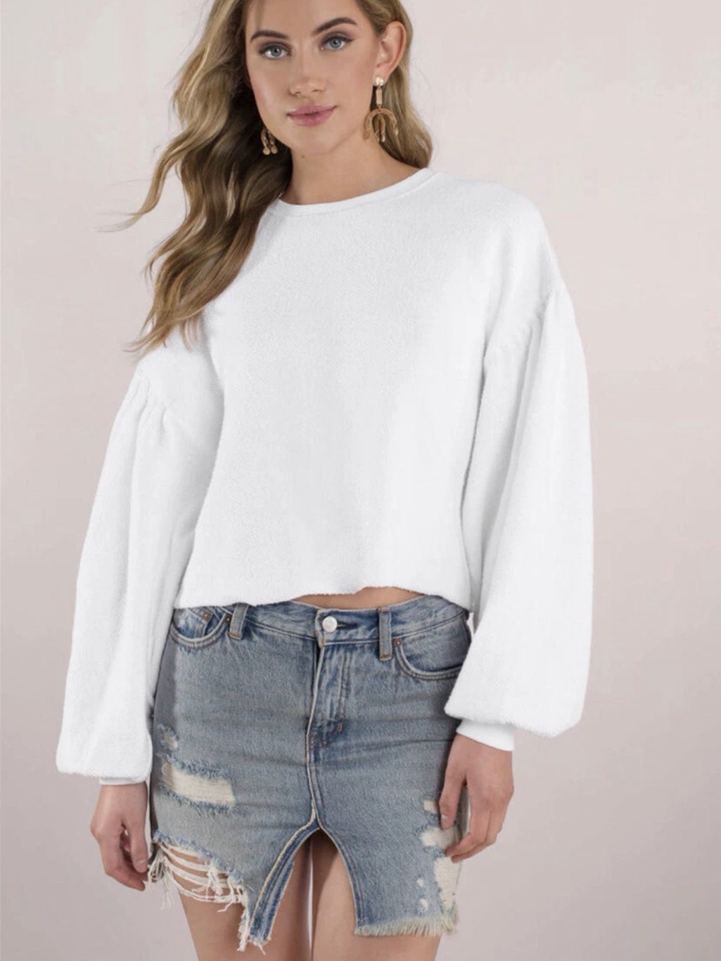 Free People White Balloon Sleeve Cropped Sweatshirt Raw Hem Pullover Top Small